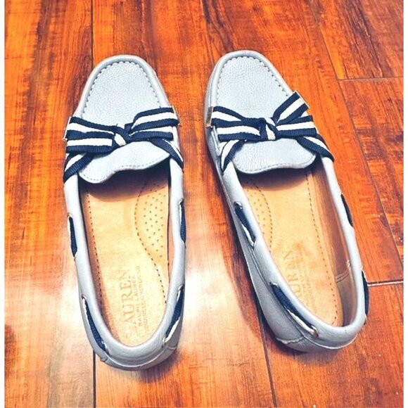 Lauren Ralph Lauren Becka Preppy Lilac-Gray Leather Loafers Blue-White Bow 7.5B - Picture 1 of 9